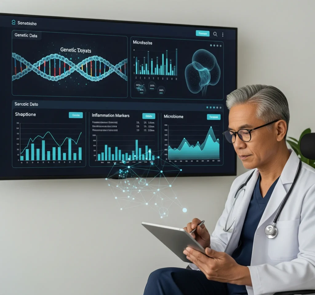 Especialista da MedGene em Belém analisando um painel de dados completo do Check-up Intestinal, demonstrando a precisão do diagnóstico genético e funcional.
