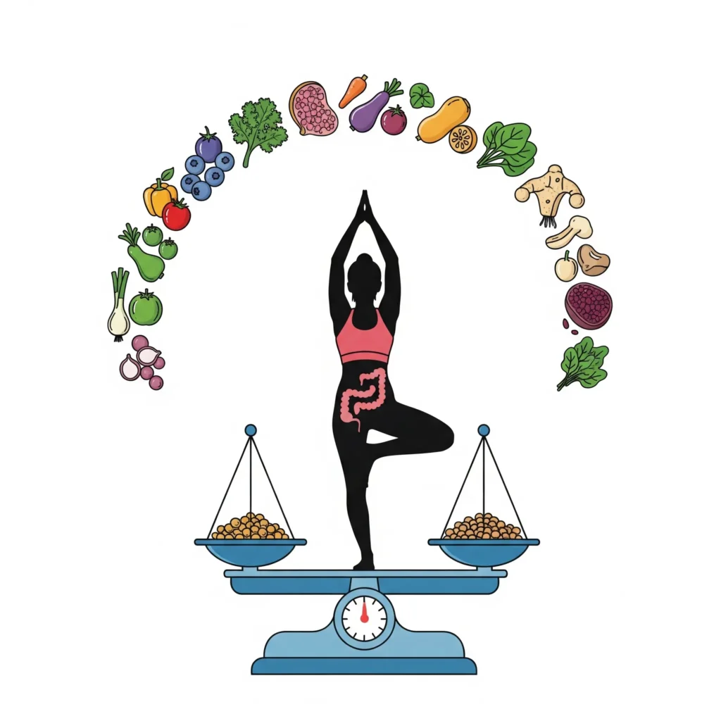 Gráfico representando a saúde intestinal e o controle de peso, com uma pessoa saudável em uma balança equilibrada, cercada por alimentos ricos em fibras que beneficiam a microbiota intestinal.