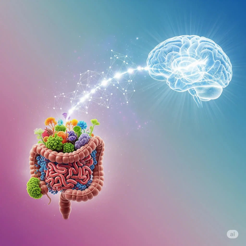 Ilustração conceitual do eixo intestino-cérebro, mostrando uma conexão neural brilhante entre um intestino saudável e um cérebro humano, simbolizando o impacto da microbiota na saúde mental.