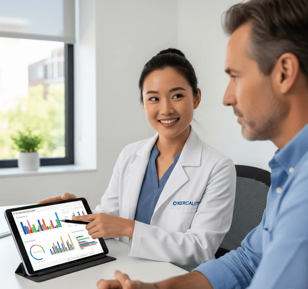 Especialista da MedGene em Belém explica os resultados do exame de metabolômica a um paciente, ilustrando a análise de vias metabólicas em um tablet.