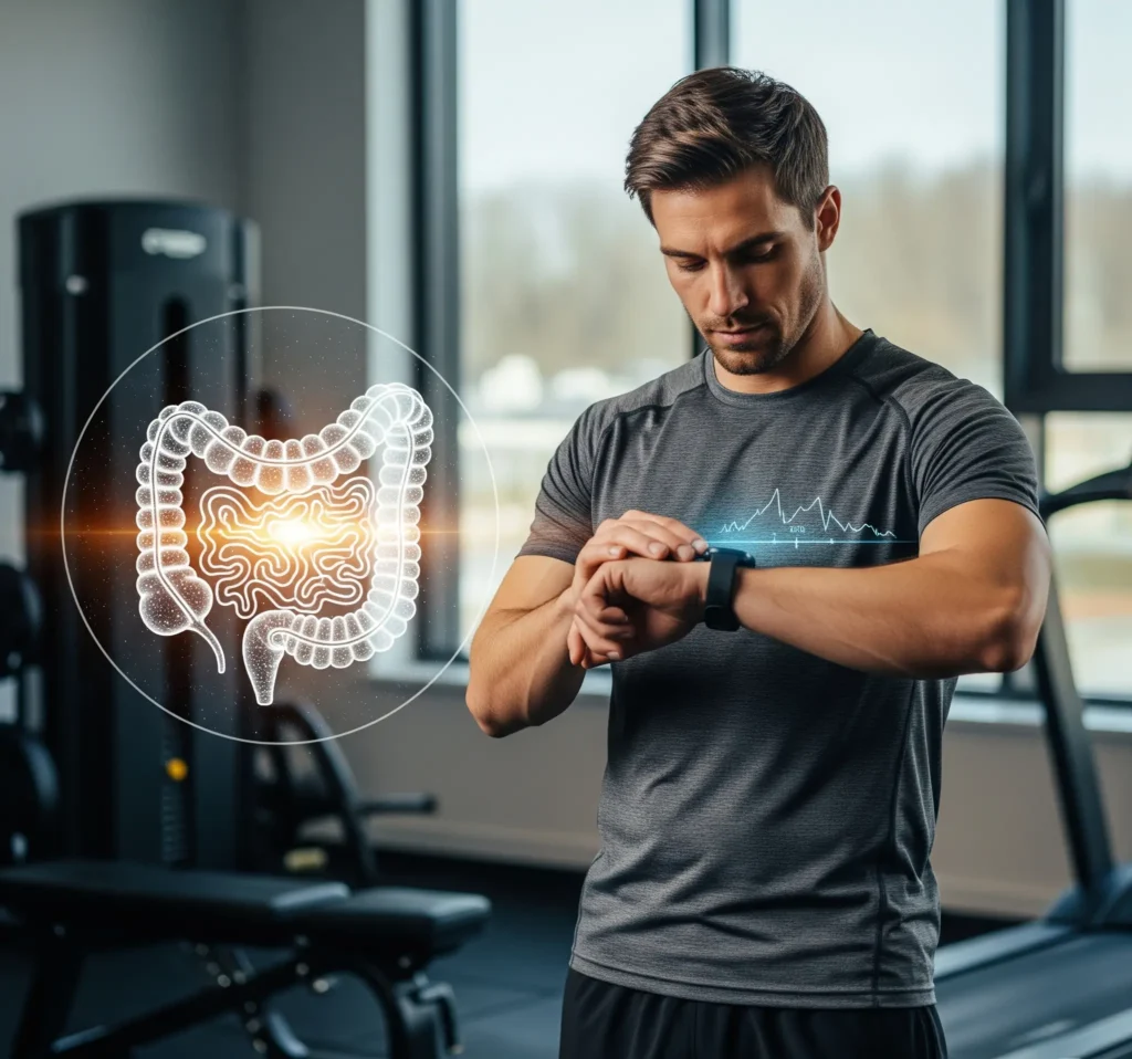 Atleta de alta performance consultando dados em um smartwatch, com uma representação da microbiota ao fundo, simbolizando o exame de microbiota esportiva em Belém.