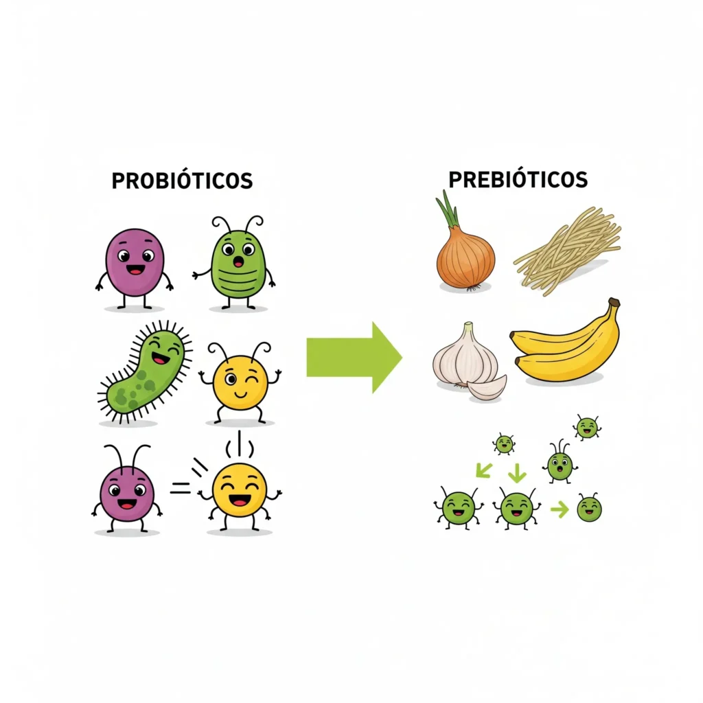 Infográfico em português explicando a diferença entre probióticos (micróbios amigáveis) e prebióticos (fibras alimentares), mostrando como os prebióticos alimentam os probióticos para uma melhor saúde intestinal.