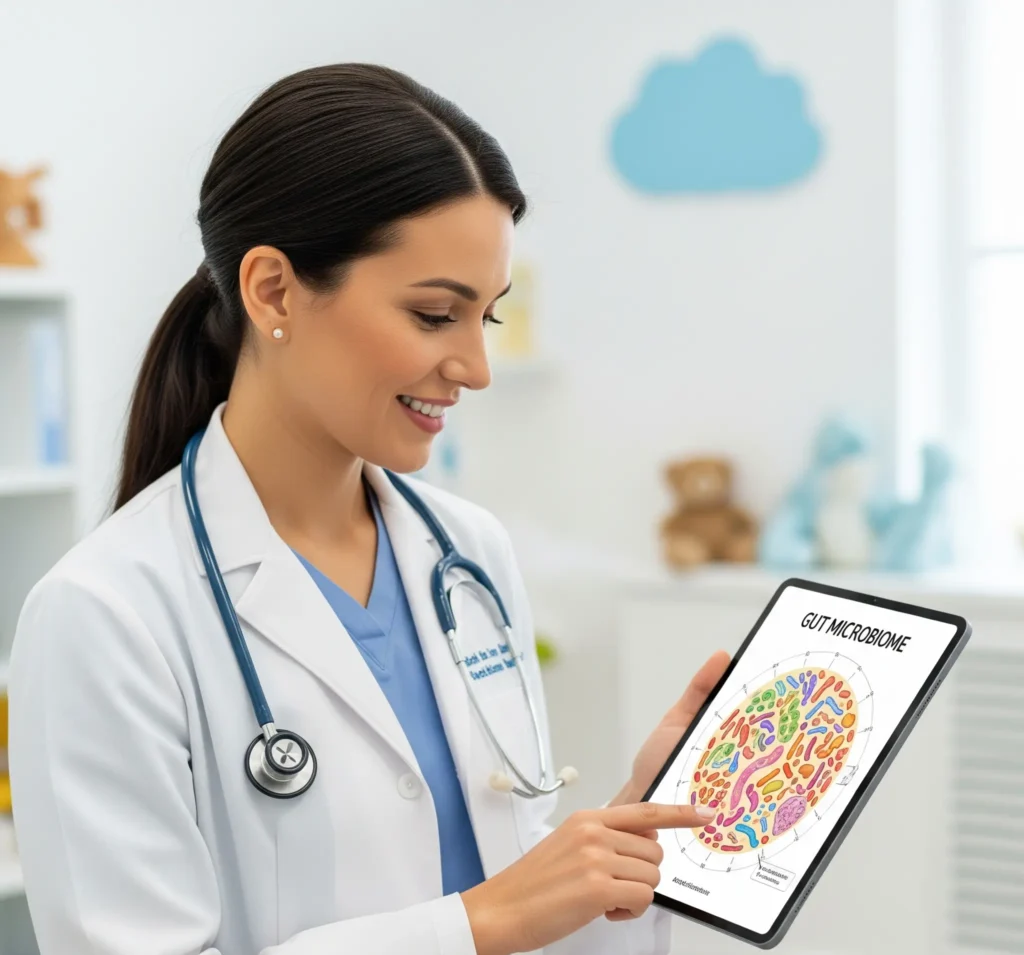 Especialista da MedGene analisa o resultado de um exame de microbiota pediátrica em Belém em um tablet, em um ambiente clínico acolhedor.