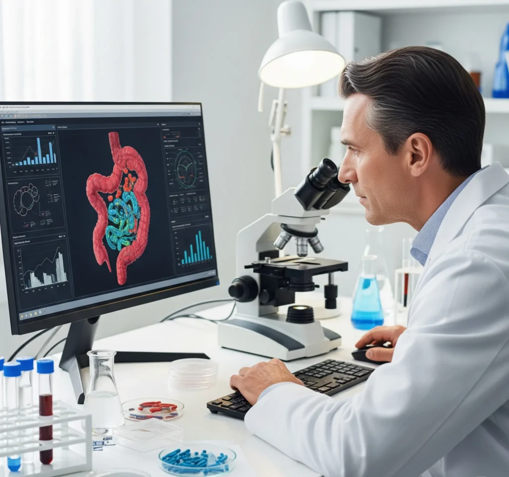 Cientista em laboratório moderno analisando uma representação da microbiota intestinal, simbolizando o exame genético da MedGene em Belém.