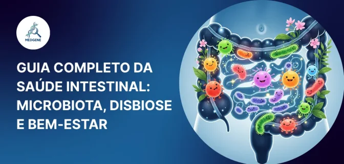 Ilustração artística da microbiota intestinal saudável, mostrando um ecossistema de micróbios coloridos dentro do intestino humano, representando a importância da saúde intestinal